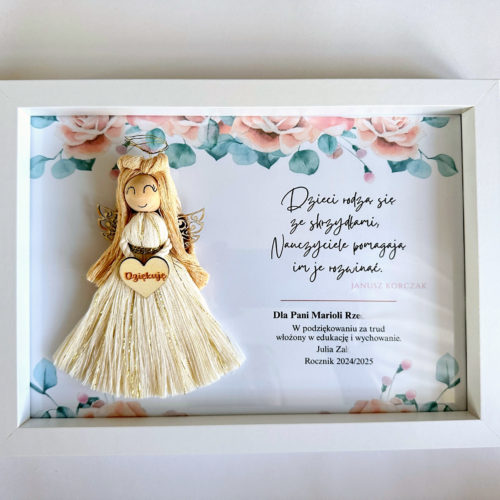 Ramka z dedykacją z aniołkiem prezent dla nauczyciela podziękowanie zakończenie roku dzień edukacji narodowej prezenty ręcznie robione anioł makrama