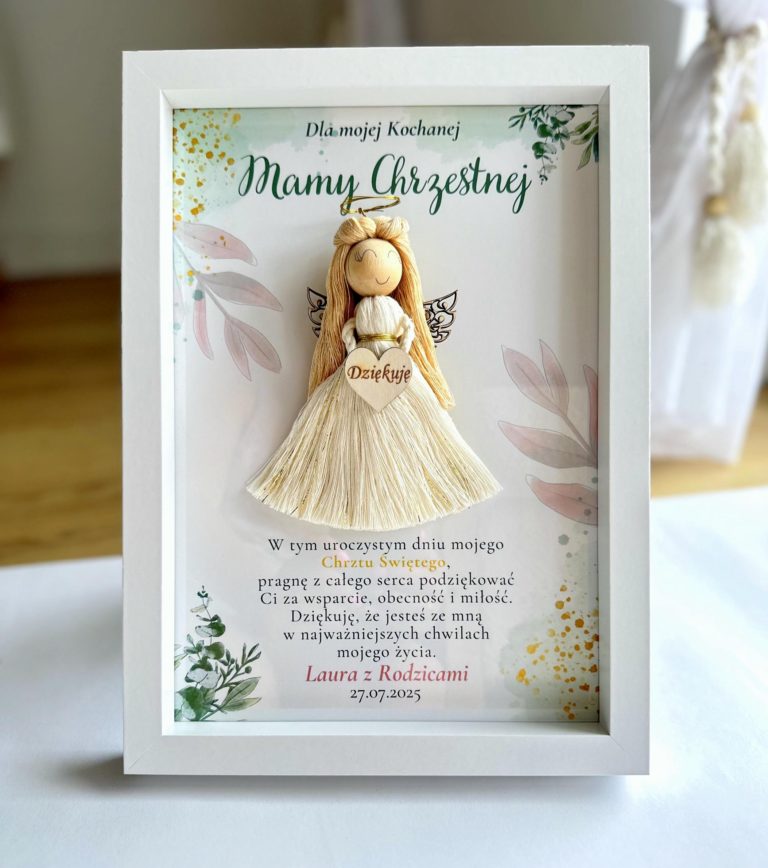 Podziękowania dla chrzestnych na chrzest ramka z aniołem i dedykacją, podziękowanie dla matki chrzestnej, podziękowanie dla ojca chrzestnego personalizowane, anioł z dedykacją na chrzest rękodzieło aniołek w białej ramce złoty