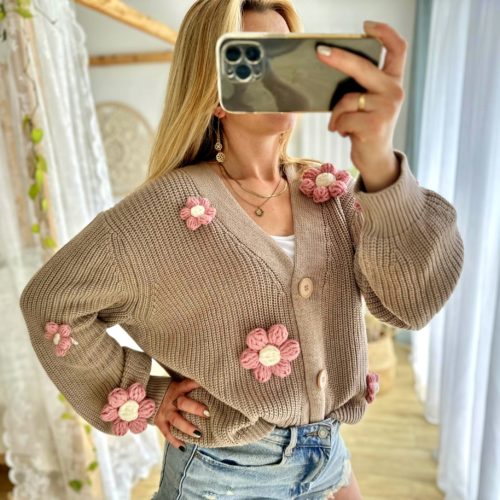 Beżowy sweter z różowymi kwiatami 3d na szydełku z włóczki bawełniany modny kardigan jesienny sweter oversize ciepły