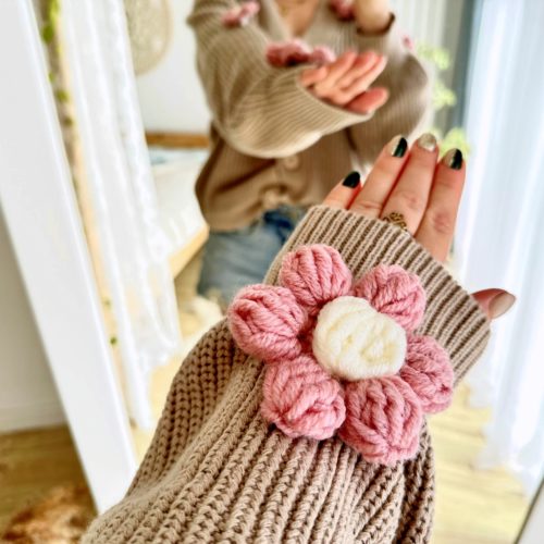 Beżowy sweter z różowymi kwiatami 3d na szydełku z włóczki bawełniany modny kardigan jesienny sweter oversize ciepły