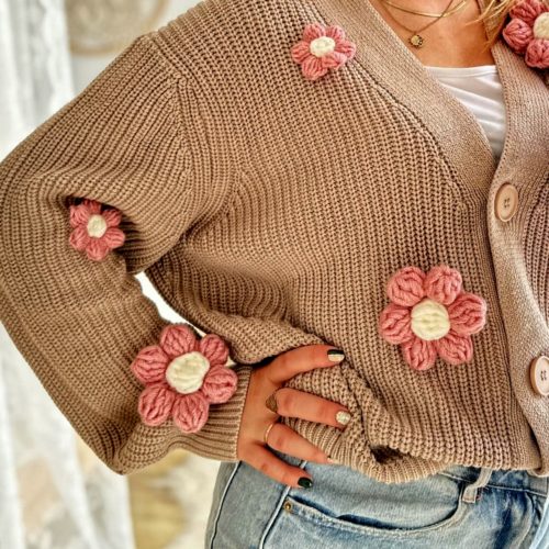 Beżowy sweter z różowymi kwiatami 3d na szydełku z włóczki bawełniany modny kardigan jesienny sweter oversize ciepły