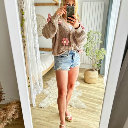 Beżowy sweter z różowymi kwiatami 3d na szydełku z włóczki bawełniany modny kardigan jesienny sweter oversize ciepły