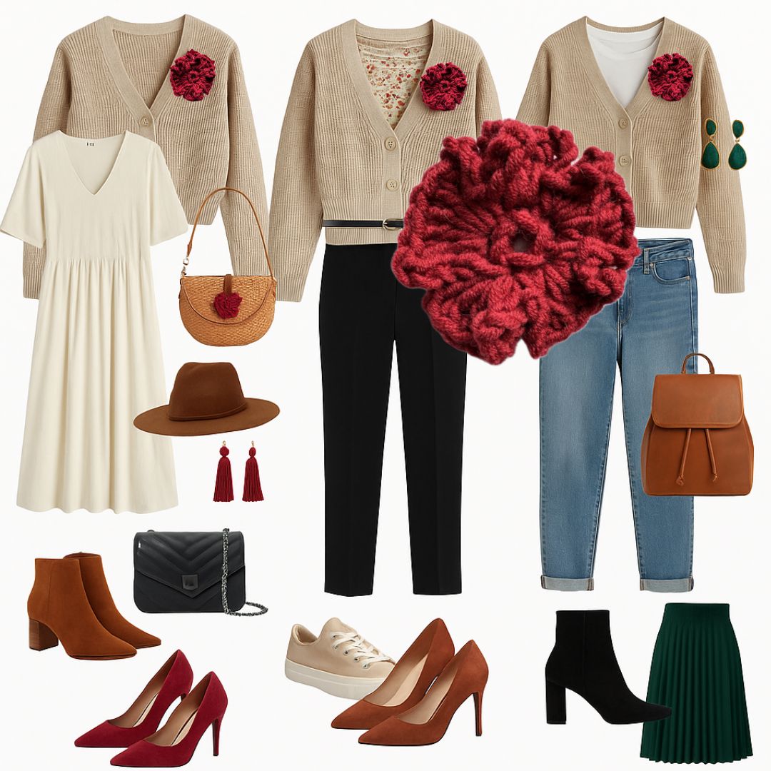 Kwiaty na szydełku burgundowe bordowe na sweter na szydełku z włóczkim burgundowe dodatki jesien 2025 modne burgundowy sweter z kwiatami burgundowe stylizacje