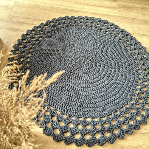 Dywanik na szydełku grafitowy ze sznurka ręcznie robiony bawełniany okrągły do salonu sypialni ażurowy w stylu boho skandynawskim