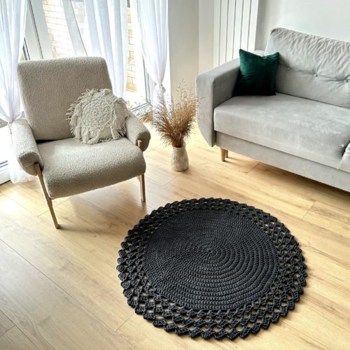 Dywanik na szydełku grafitowy ze sznurka ręcznie robiony bawełniany okrągły do salonu sypialni ażurowy w stylu boho skandynawskim
