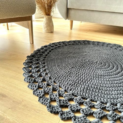 Dywanik na szydełku grafitowy ze sznurka ręcznie robiony bawełniany okrągły do salonu sypialni ażurowy w stylu boho skandynawskim