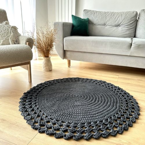 Dywanik na szydełku grafitowy ze sznurka ręcznie robiony bawełniany okrągły do salonu sypialni ażurowy w stylu boho skandynawskim