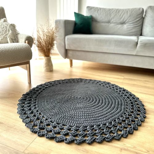 Dywanik na szydełku grafitowy ze sznurka ręcznie robiony bawełniany okrągły do salonu sypialni ażurowy w stylu boho skandynawskim