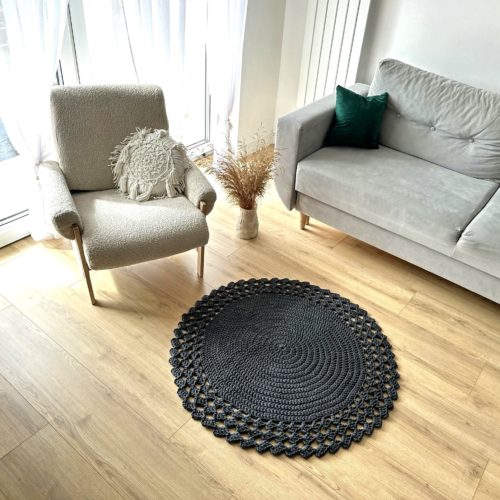 Dywanik na szydełku grafitowy ze sznurka ręcznie robiony bawełniany okrągły do salonu sypialni ażurowy w stylu boho skandynawskim