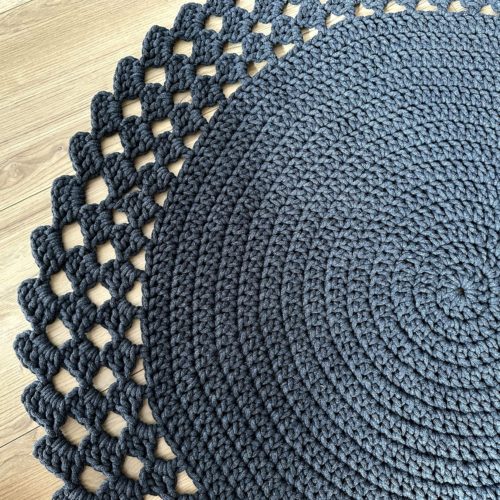 Dywanik na szydełku grafitowy ze sznurka ręcznie robiony bawełniany okrągły do salonu sypialni ażurowy w stylu boho skandynawskim