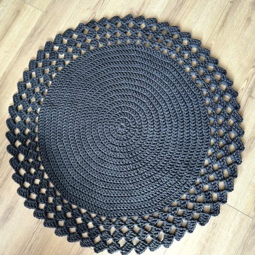 Dywanik na szydełku grafitowy ze sznurka ręcznie robiony bawełniany okrągły do salonu sypialni ażurowy w stylu boho skandynawskim