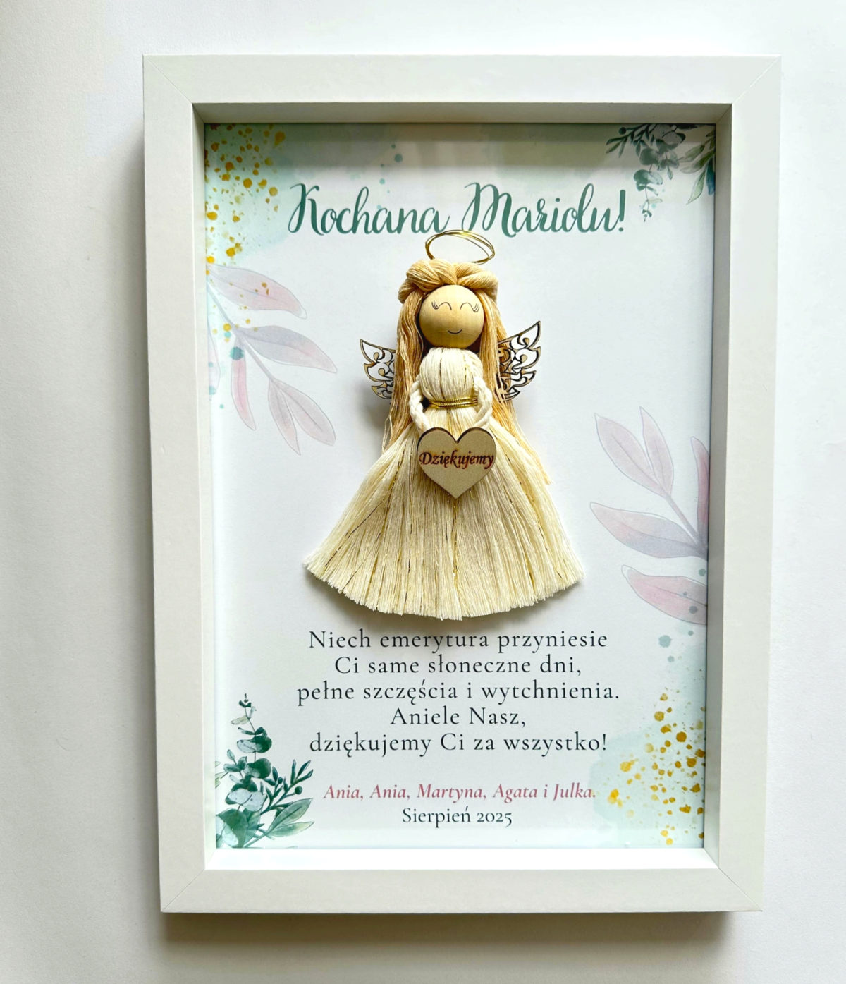 Prezent na emeryturę anioł w ramce rękodzieło, prezent na emeryturę dla koleżanki anioł makrama ramka z dedykacją personalizowany prezent upominek symboliczny