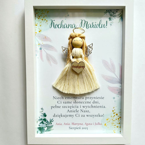 Prezent na emeryturę anioł w ramce rękodzieło, prezent na emeryturę dla koleżanki anioł makrama ramka z dedykacją personalizowany prezent upominek symboliczny