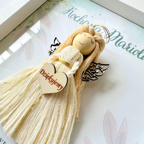 Prezent na emeryturę anioł w ramce rękodzieło, prezent na emeryturę dla koleżanki anioł makrama ramka z dedykacją personalizowany prezent upominek symboliczny