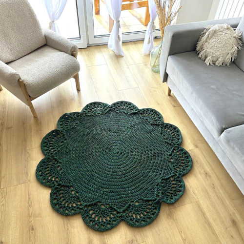 Dywan butelkowa zieleń ze złotem na szydełku ze sznurka do salonu piękny boho, glamour dywanik dekoracyjny szydełkowy zielony okrągły koło, dekoracje butelkowa zieleń ręcznie robione na szydełku