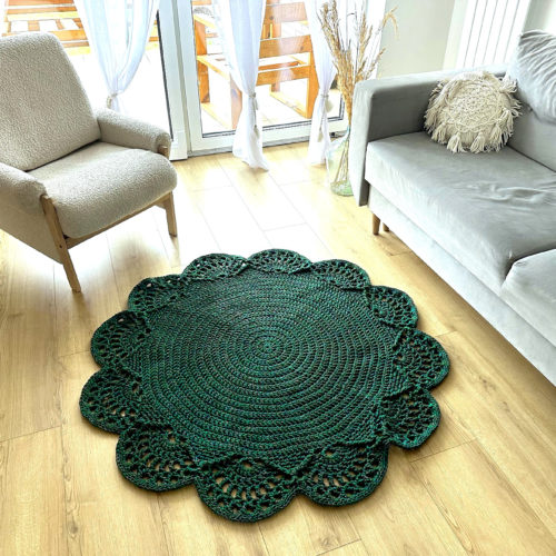 Dywan butelkowa zieleń ze złotem na szydełku ze sznurka do salonu piękny boho, glamour dywanik dekoracyjny szydełkowy zielony okrągły koło, dekoracje butelkowa zieleń ręcznie robione na szydełku
