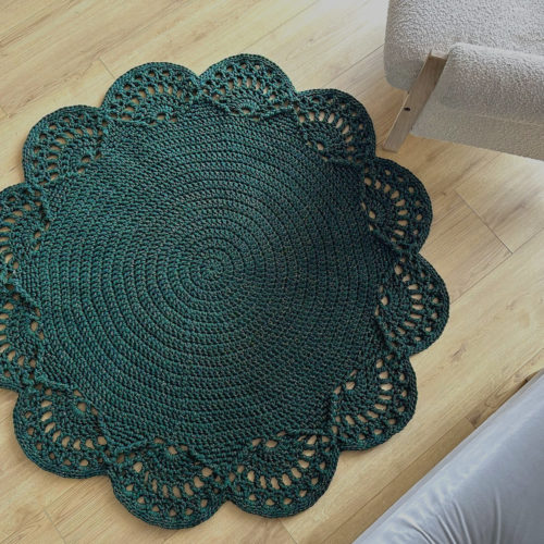 Dywan butelkowa zieleń ze złotem na szydełku ze sznurka do salonu piękny boho, glamour dywanik dekoracyjny szydełkowy zielony okrągły koło, dekoracje butelkowa zieleń ręcznie robione na szydełku