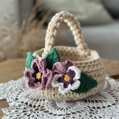 Dzieciecy-koszyczek-wielkanocny-na-szydelku-ze-sznurka-z-ozdoba-z-bratkami (2) Dziecięcy koszyczek wielkanocny z bratkami z kwiatkami dla dwulatki koszyczek dla trzylatki mały koszyczek wielkanocny ze snzurka na szydełku beżowy z odobą z dekoracją ręcznie robiony miękki