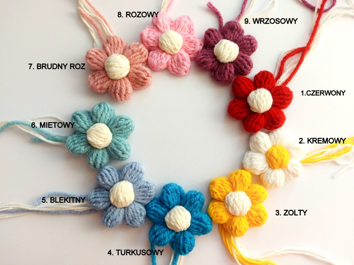 Kwiatki do naszywania szydełkowe 3d z włóczki, kwiatki do swetra do naszywania kolorowe pastelowe, rożne kolory, kwiatki handmade z włóczki na szydeku do swetra wypukłe, crochet flowers sweater