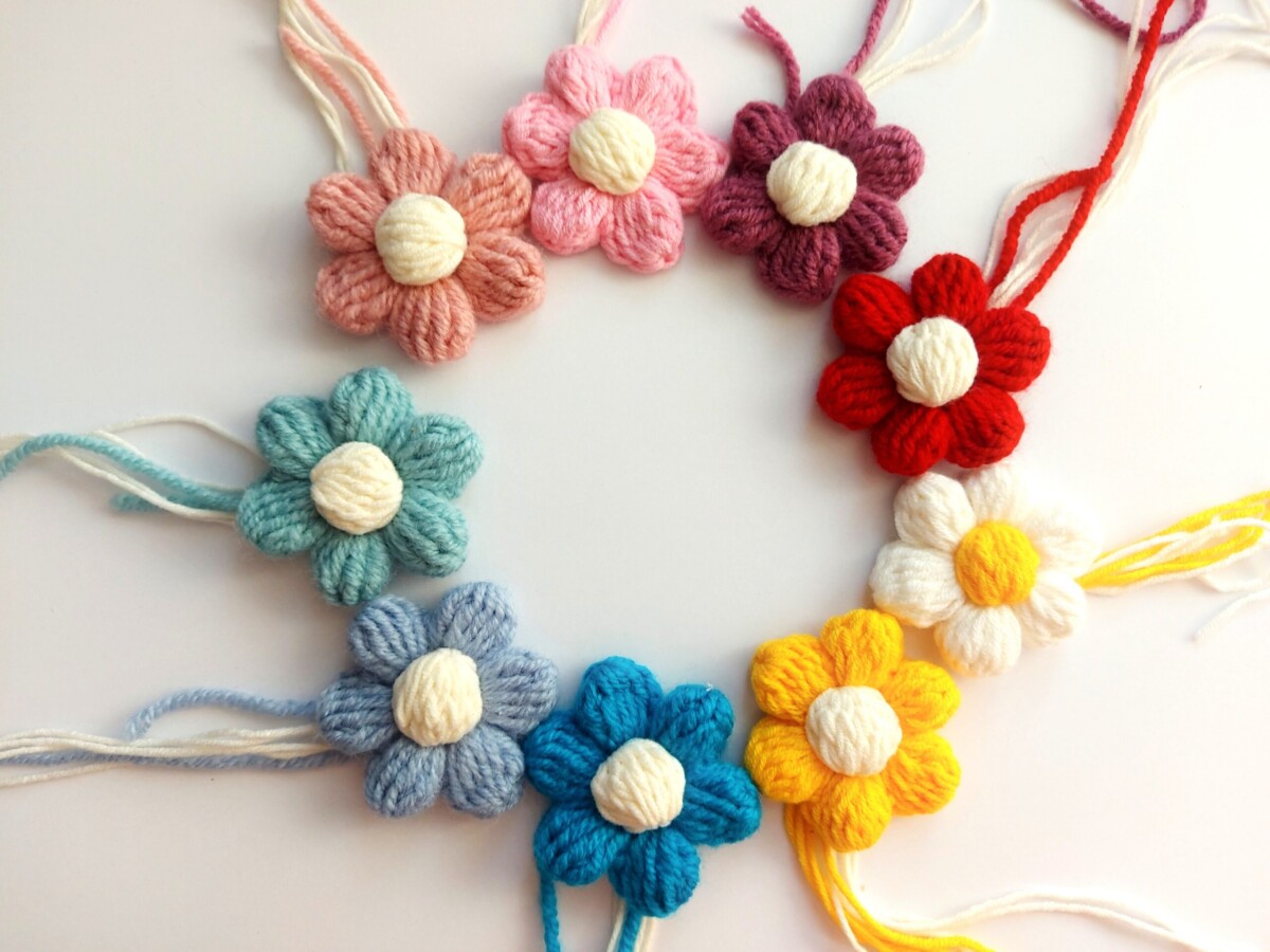 Kwiatki do naszywania szydełkowe 3d z włóczki, kwiatki do swetra do naszywania kolorowe pastelowe, rożne kolory, kwiatki handmade z włóczki na szydeku do swetra wypukłe, crochet flowers sweater