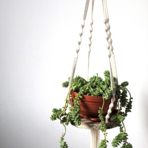 Kwietnik kremowy boho ze sznurka z deską, kwietnik z plastrem drewna, kwietnik wiszący kremowy