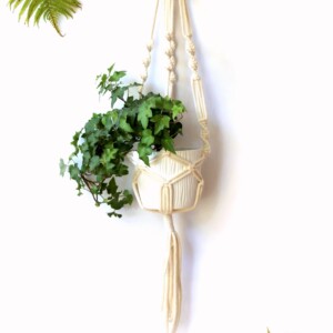 Kwietnik kremowy ecru makrama ze sznurka boho, kwietnik na kwiaty wiszące