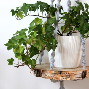 Kwietnik szary makramowy z deską wiszący, szare dekoracje, kwietnik szary, dekoracje drewniane