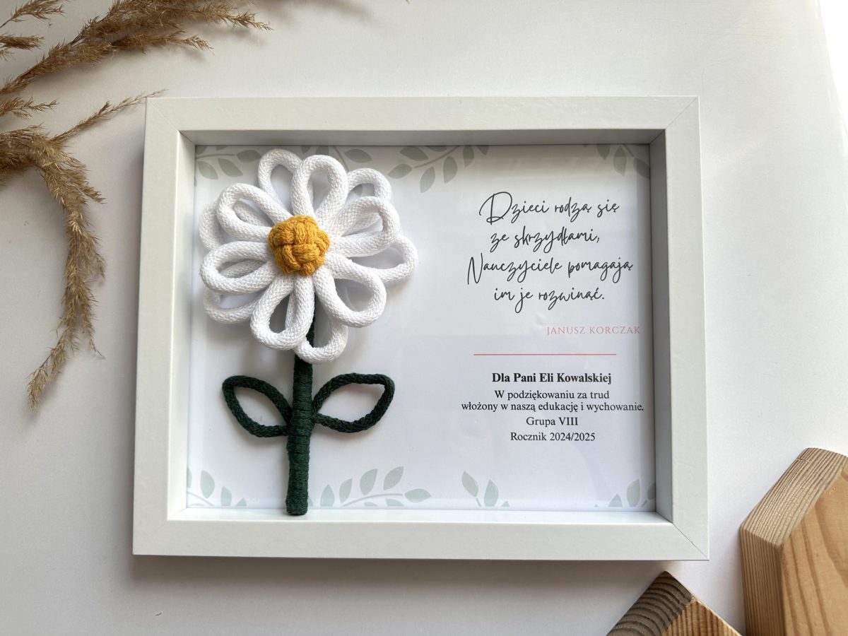 Ramka podziękowanie dla nauczyciela wychowawczyni wychowawcy prezent podziękowanie upominek symboliczny z dedykacją personalizowany preent kwiaty dla nauczycielki kwiaty dla wychowawczyni stokrotki dla nauczyciela rękodzieło polskie prezent pakowany