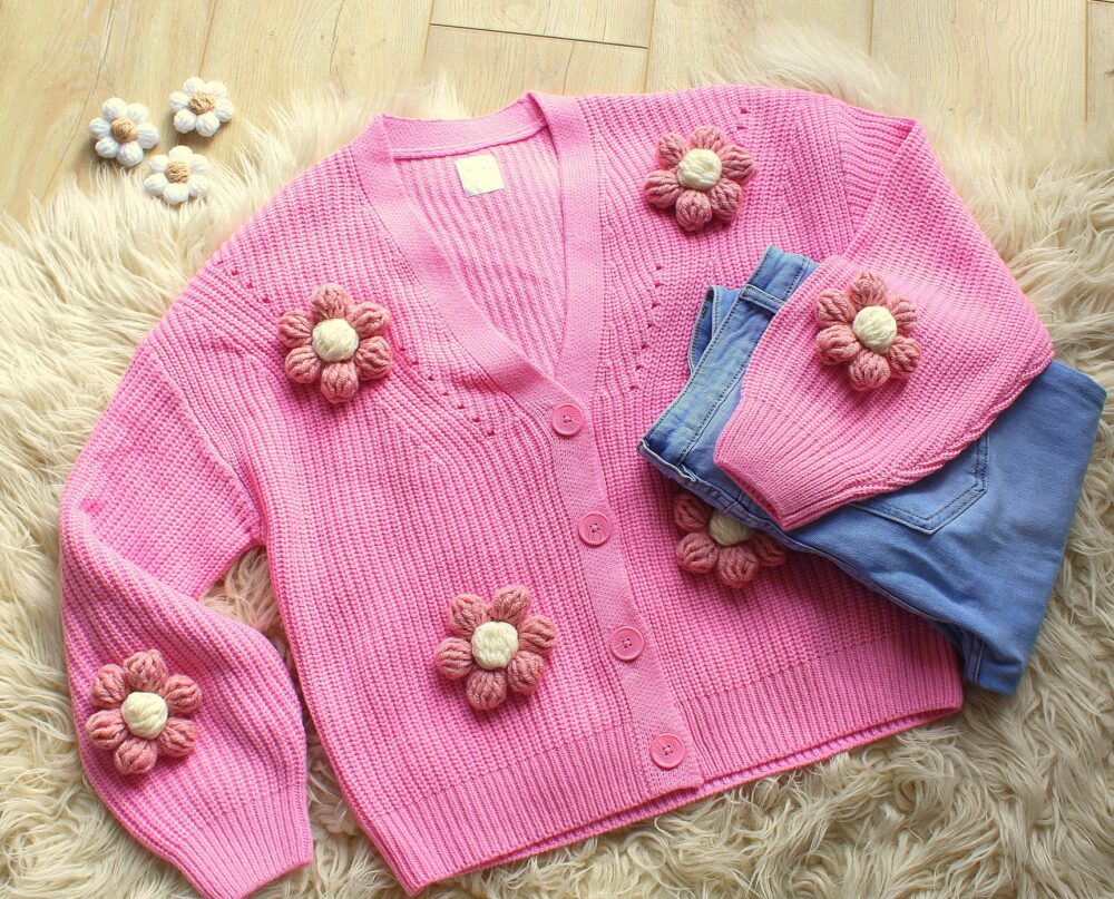 Różowy sweter w kwiaty 3D, damski kardigan oversize 