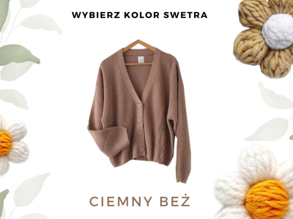 Sweter z kwiatami 3d w rumianki kwiaty z włóczki sweterek damski beżowy zapinany z kwiatkami na szydełku, sweterek białe kwiaty, sweterek z kwiatkami, wyjątkowy sweterek handmade z kwiatkami, tówj wymarzony kardigan z naszywkami szydełkowymi, zaprojektuj swój