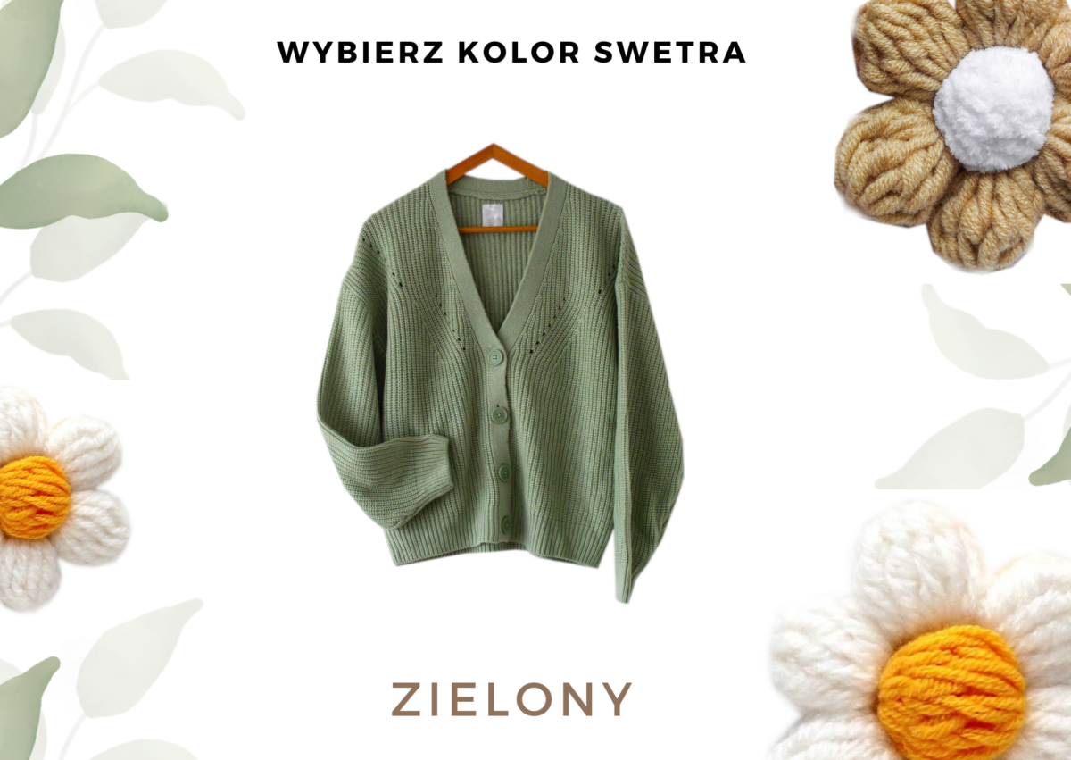 Sweter z kwiatami 3d w rumianki kwiaty z włóczki sweterek damski beżowy zapinany z kwiatkami na szydełku, sweterek białe kwiaty, sweterek z kwiatkami, wyjątkowy sweterek handmade z kwiatkami, tówj wymarzony kardigan z naszywkami szydełkowymi, zaprojektuj swój kardigan zielony