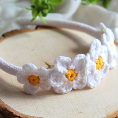 Wianek na głowę duże kwiaty opaska kwiatowy, wianek na boże ciało dl dziewczynki wianek komunijny, stokrotki rumianki boho wianek na glowę handmade na szydełku z włóczki