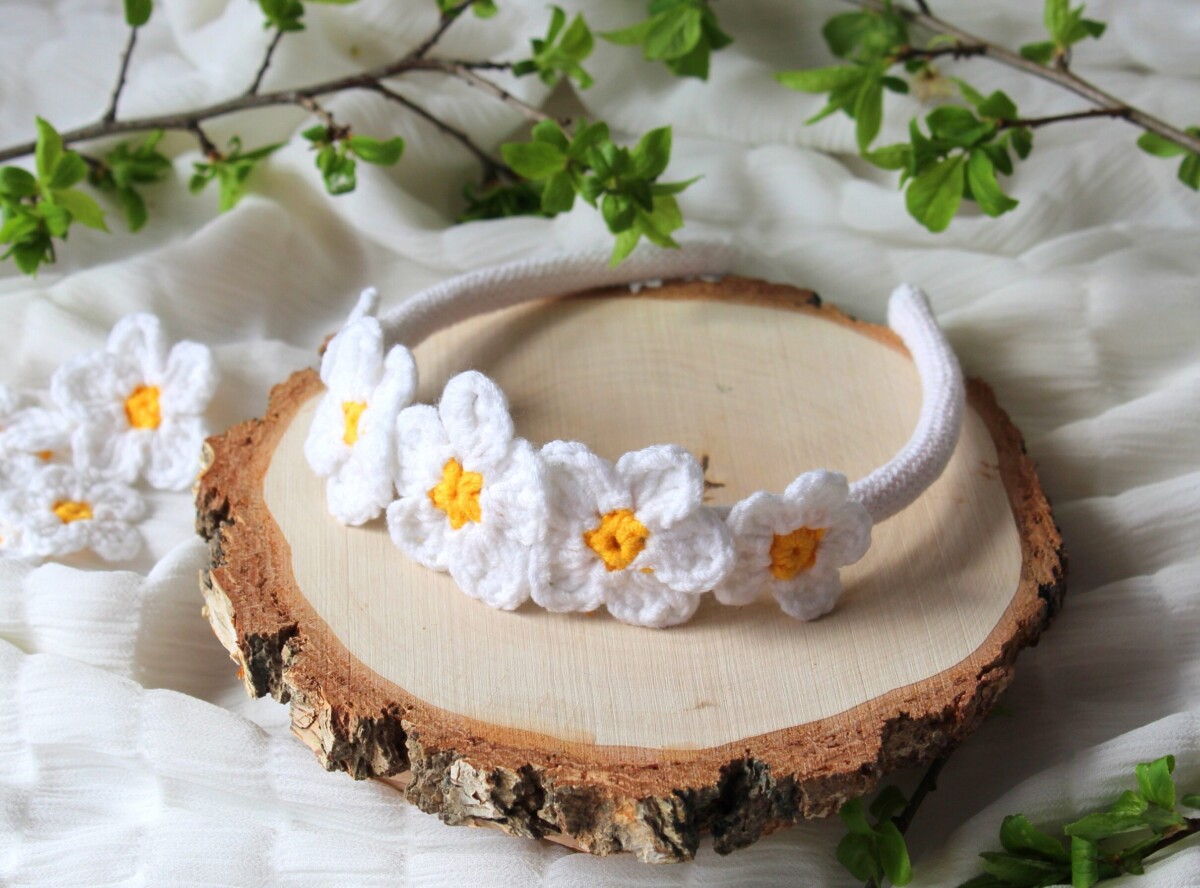 Wianek na głowę duże kwiaty opaska kwiatowy, wianek na boże ciało dl dziewczynki wianek komunijny, stokrotki rumianki boho wianek na glowę handmade na szydełku z włóczki