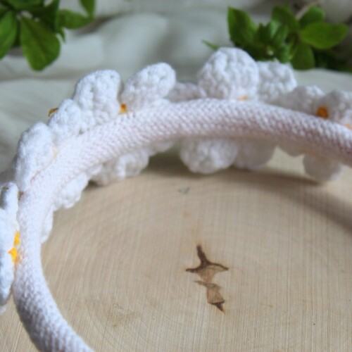 Wianek na głowę duże kwiaty opaska kwiatowy, wianek na boże ciało dl dziewczynki wianek komunijny, stokrotki rumianki boho wianek na glowę handmade na szydełku z włóczki