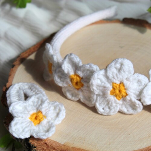 Wianek na głowę duże kwiaty opaska kwiatowy, wianek na boże ciało dl dziewczynki wianek komunijny, stokrotki rumianki boho wianek na glowę handmade na szydełku z włóczki