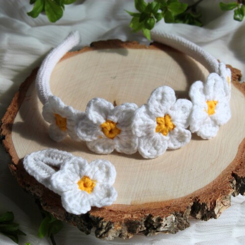 Wianek na głowę duże kwiaty opaska kwiatowy, wianek na boże ciało dl dziewczynki wianek komunijny, stokrotki rumianki boho wianek na glowę handmade na szydełku z włóczki